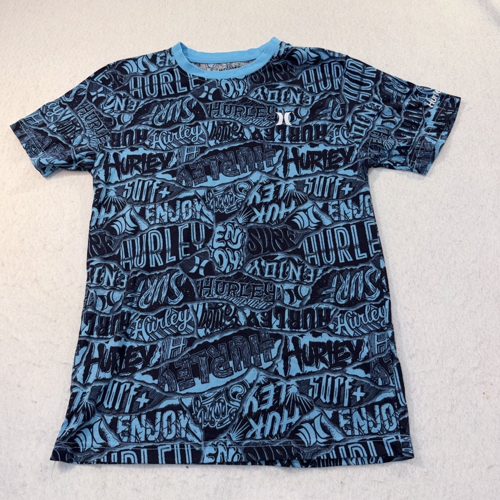 Hurley Surf Y2K Teal Size Large T-Shirt Logo All Over Print  Skate Beach Surf